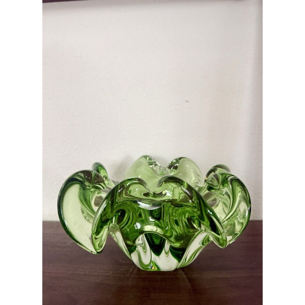 Vtg Murano Candy Dish Italian Art Glass Green Clear Handblown Ashtray MCM